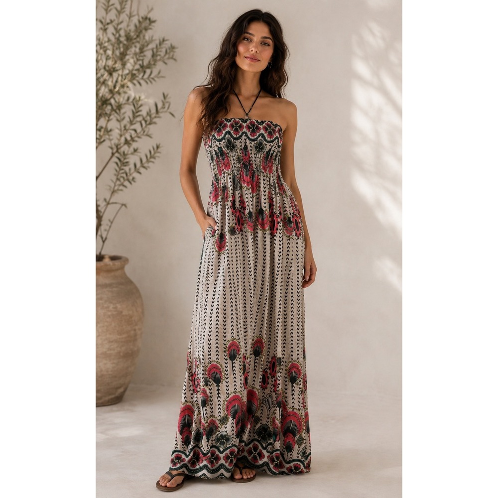 Italian Cotton Boho Maxi Dress Red Black Tribal Floral Smocked Halter Tan 5021